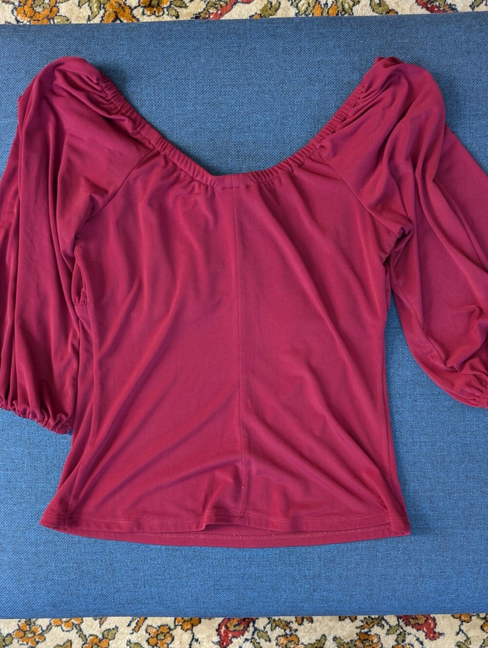 Vixen by Micheline Pitt Vacation Blouse in Dark Red Rose Ruched Peasant Top - Picture 5 of 8